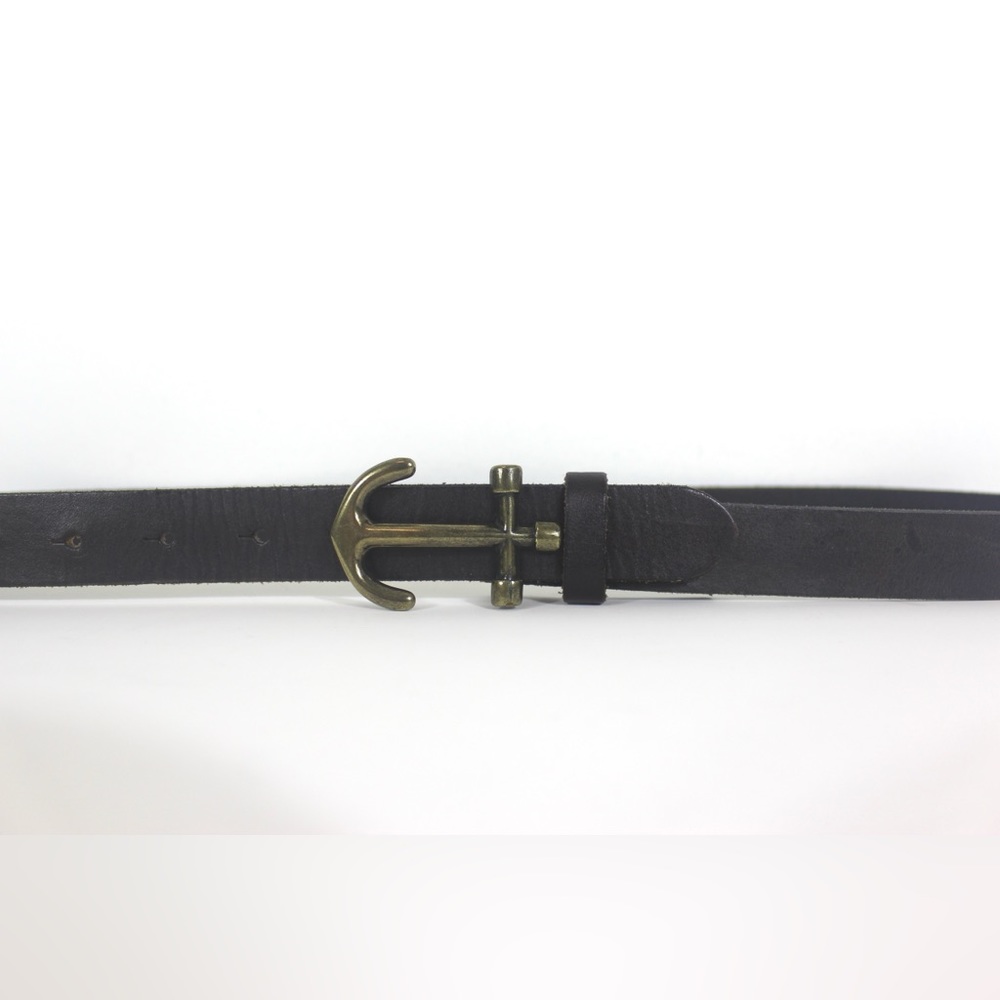Dark Brown Leather Dress Belt Gold Brass Anchor Buckle Mens Unisex Nautical Boat